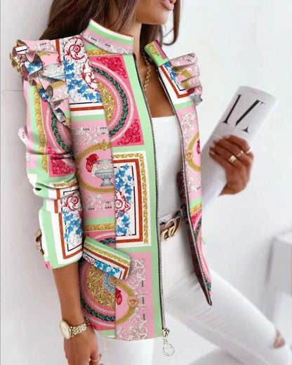 A stylish check leopard print zip ruffle shoulder jacket for women, featuring a double-breasted placket and ruffle shoulder detailing for a polished, office-inspired look.