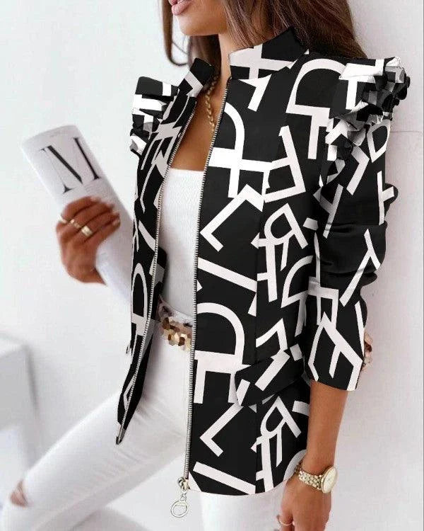 A stylish check leopard print zip ruffle shoulder jacket for women, featuring a double-breasted placket and ruffle shoulder detailing for a polished, office-inspired look.