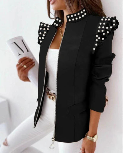 A stylish check leopard print zip ruffle shoulder jacket for women, featuring a double-breasted placket and ruffle shoulder detailing for a polished, office-inspired look.