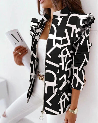 A stylish check leopard print zip ruffle shoulder jacket for women, featuring a double-breasted placket and ruffle shoulder detailing for a polished, office-inspired look.