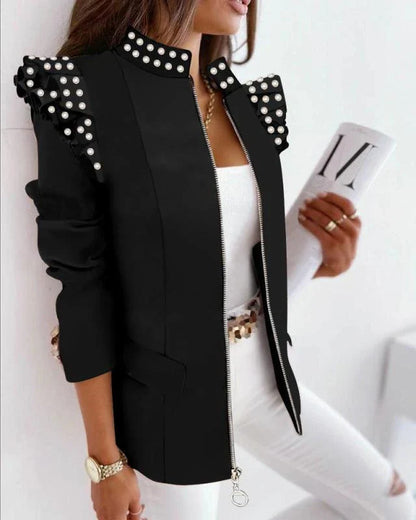 A stylish check leopard print zip ruffle shoulder jacket for women, featuring a double-breasted placket and ruffle shoulder detailing for a polished, office-inspired look.