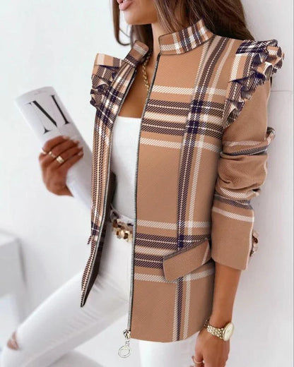 A stylish check leopard print zip ruffle shoulder jacket for women, featuring a double-breasted placket and ruffle shoulder detailing for a polished, office-inspired look.