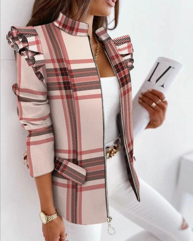 A stylish check leopard print zip ruffle shoulder jacket for women, featuring a double-breasted placket and ruffle shoulder detailing for a polished, office-inspired look.