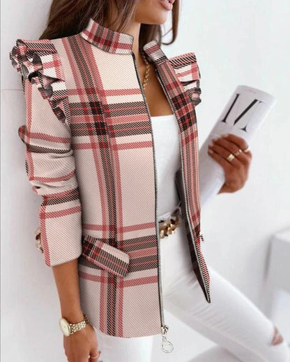 A stylish check leopard print zip ruffle shoulder jacket for women, featuring a double-breasted placket and ruffle shoulder detailing for a polished, office-inspired look.
