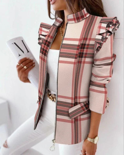 A stylish check leopard print zip ruffle shoulder jacket for women, featuring a double-breasted placket and ruffle shoulder detailing for a polished, office-inspired look.