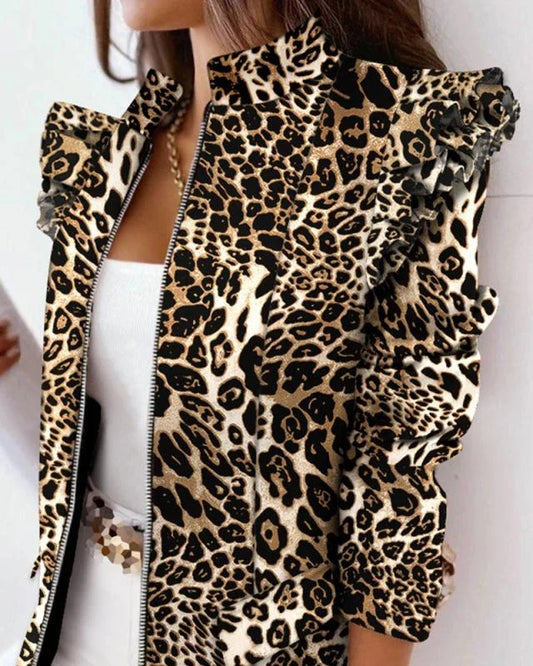 A stylish check leopard print zip ruffle shoulder jacket for women, featuring a double-breasted placket and ruffle shoulder detailing for a polished, office-inspired look.
