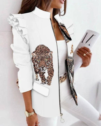 A stylish check leopard print zip ruffle shoulder jacket for women, featuring a double-breasted placket and ruffle shoulder detailing for a polished, office-inspired look.