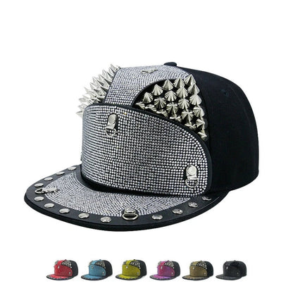 Punk Diamond Armour Tip Rivet Hip Hop Flat Brim Hat with a striking diamond-embedded design and adjustable fit