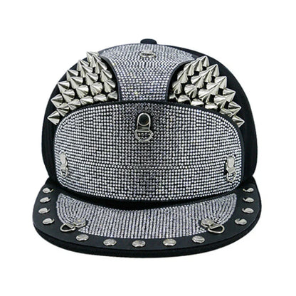 Punk Diamond Armour Tip Rivet Hip Hop Flat Brim Hat with a striking diamond-embedded design and adjustable fit