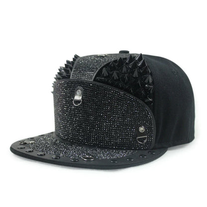 Punk Diamond Armour Tip Rivet Hip Hop Flat Brim Hat with a striking diamond-embedded design and adjustable fit