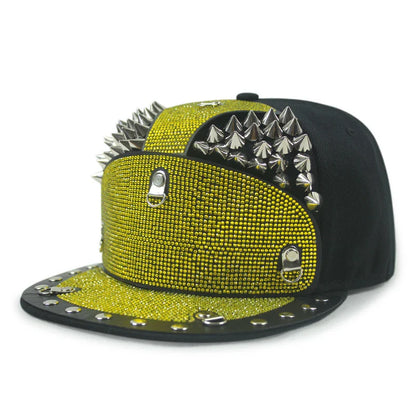 Punk Diamond Armour Tip Rivet Hip Hop Flat Brim Hat with a striking diamond-embedded design and adjustable fit