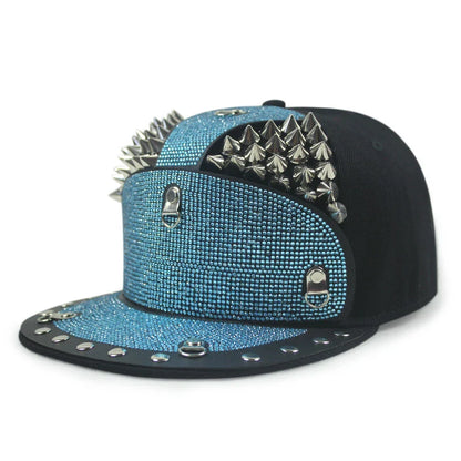 Punk Diamond Armour Tip Rivet Hip Hop Flat Brim Hat with a striking diamond-embedded design and adjustable fit
