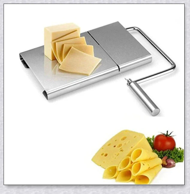 Stainless steel cheese slicer cutter with adjustable thickness and non-slip handle, perfect for slicing soft and hard cheeses