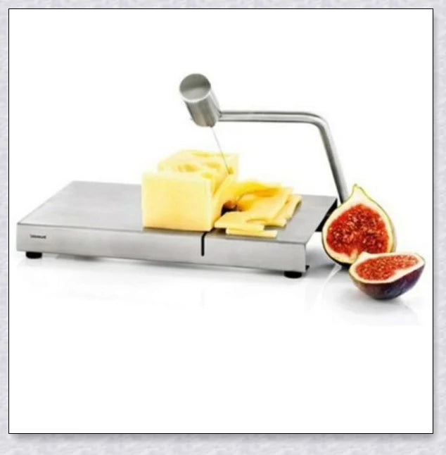 Stainless steel cheese slicer cutter with adjustable thickness and non-slip handle, perfect for slicing soft and hard cheeses