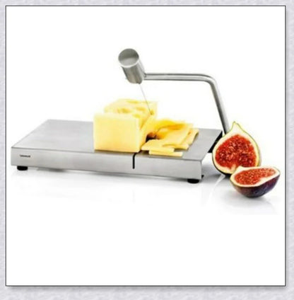 Stainless steel cheese slicer cutter with adjustable thickness and non-slip handle, perfect for slicing soft and hard cheeses