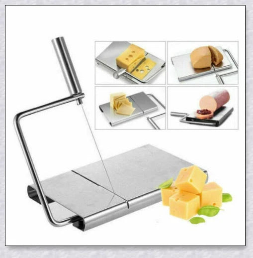 Stainless steel cheese slicer cutter with adjustable thickness and non-slip handle, perfect for slicing soft and hard cheeses