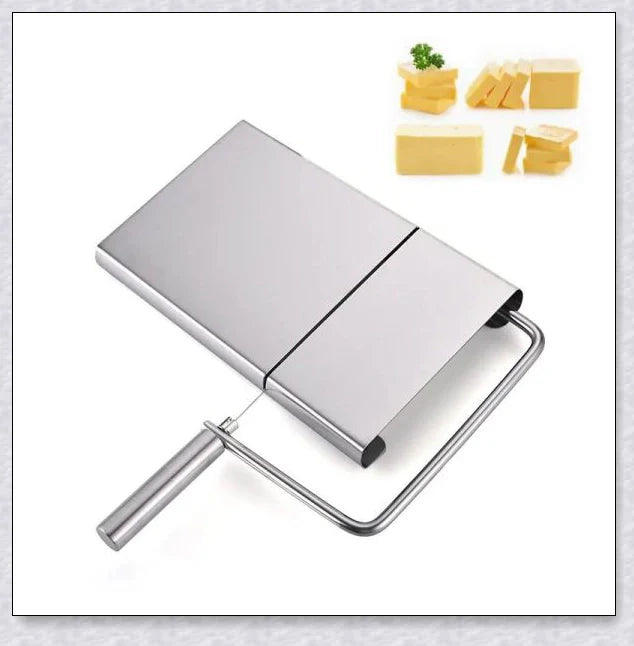 Stainless steel cheese slicer cutter with adjustable thickness and non-slip handle, perfect for slicing soft and hard cheeses