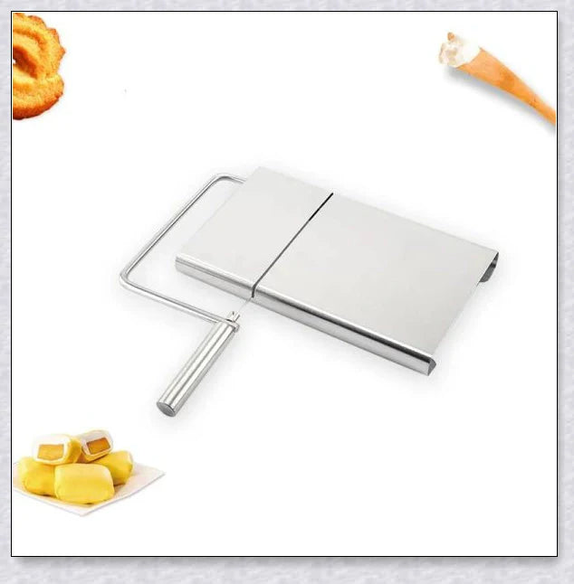 Stainless steel cheese slicer cutter with adjustable thickness and non-slip handle, perfect for slicing soft and hard cheeses