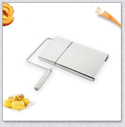 Stainless steel cheese slicer cutter with adjustable thickness and non-slip handle, perfect for slicing soft and hard cheeses