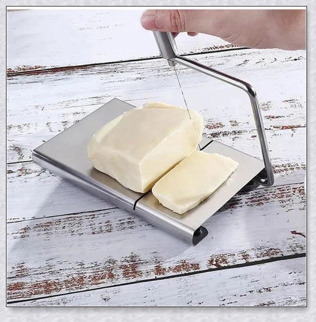 Stainless steel cheese slicer cutter with adjustable thickness and non-slip handle, perfect for slicing soft and hard cheeses