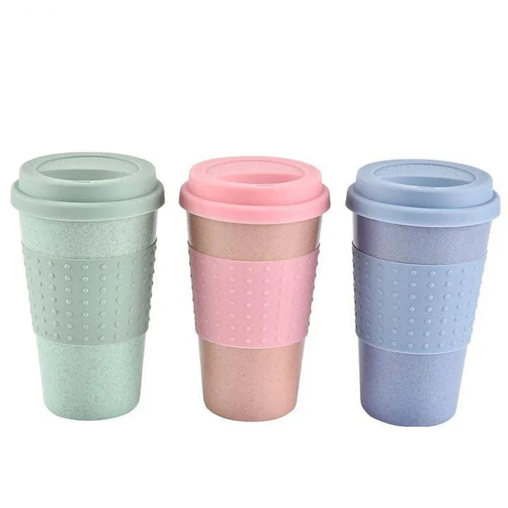 Eco-Friendly Portable Coffee Mugs made from renewable wheat straw and silica gel, featuring a spill-proof, leak-proof design for sustainable sipping on the go.