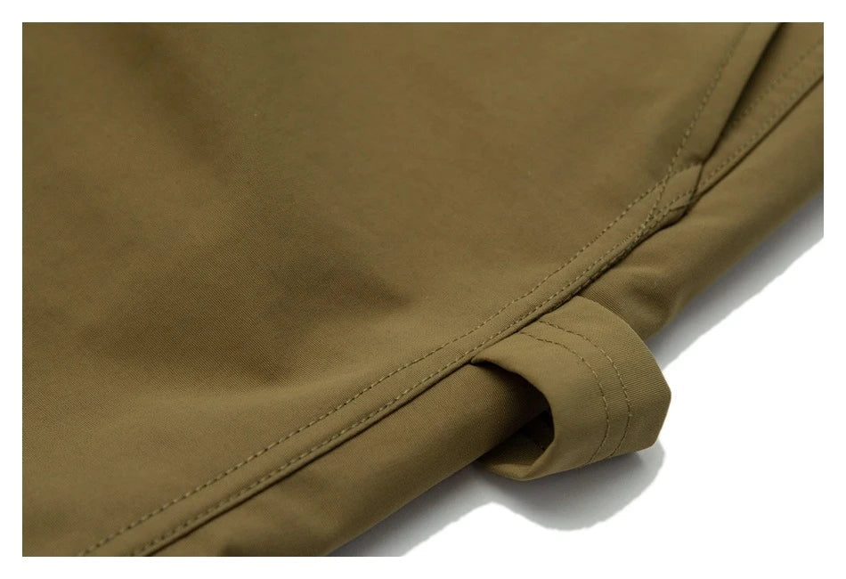 Japanese-inspired retro cargo shorts in khaki and black colours, featuring a loose, straight-leg fit and generous pockets for versatile style and comfort.