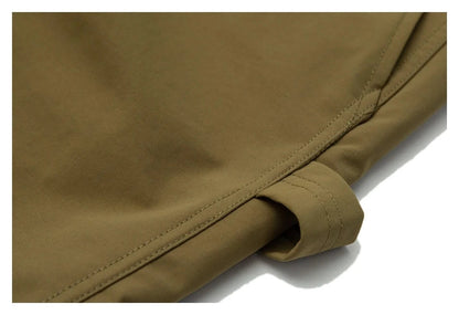 Japanese-inspired retro cargo shorts in khaki and black colours, featuring a loose, straight-leg fit and generous pockets for versatile style and comfort.