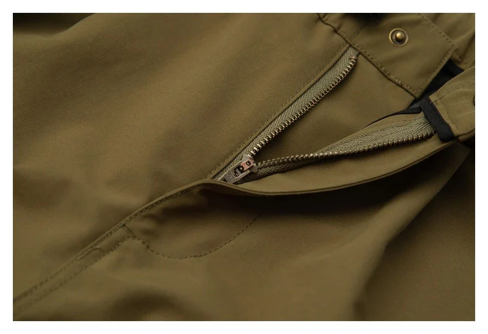 Japanese-inspired retro cargo shorts in khaki and black colours, featuring a loose, straight-leg fit and generous pockets for versatile style and comfort.