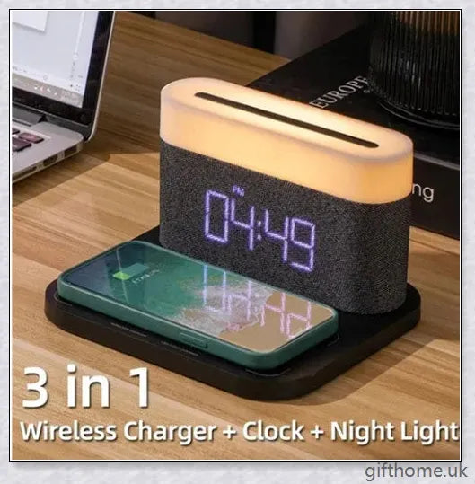 3 in 1 Wireless Charger Alarm Clock and Adjustable Night Light with Black and White colour options