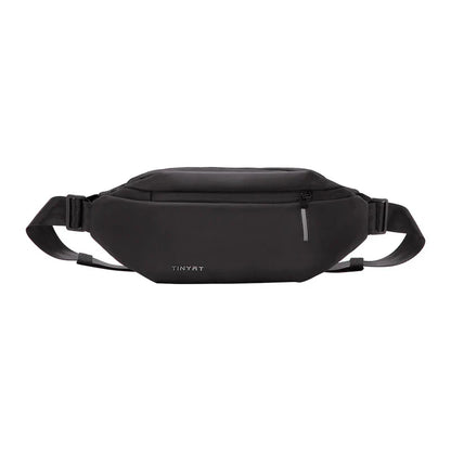 A black nylon crossbody bag with multiple pockets and an adjustable strap, designed for active lifestyles and outdoor adventures.