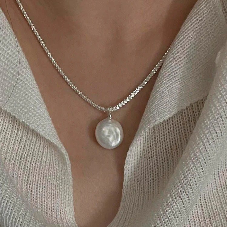 Elegant S925 Sterling Silver Baroque Pearl Necklace with starry sky chain
