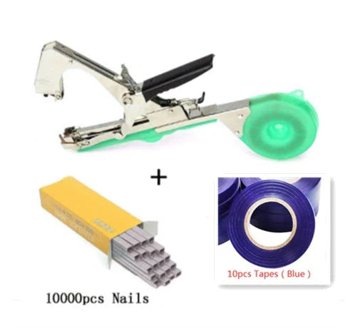 Compact garden hand tool for tying plant stems with plastic tape, measuring 300x200x100mm