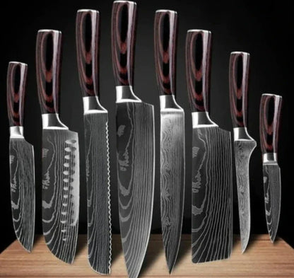 Premium 8-Piece Damascus Steel Kitchen Knife Set with Razor-Sharp Blades and Ergonomic Wooden Handles