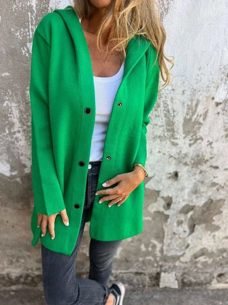 A stylish hooded cardigan jacket in various colors, featuring a single-breasted design and adjustable hood for versatile fashion.