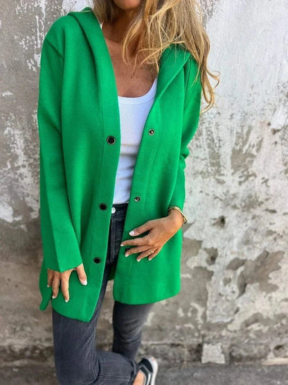 A stylish hooded cardigan jacket in various colors, featuring a single-breasted design and adjustable hood for versatile fashion.