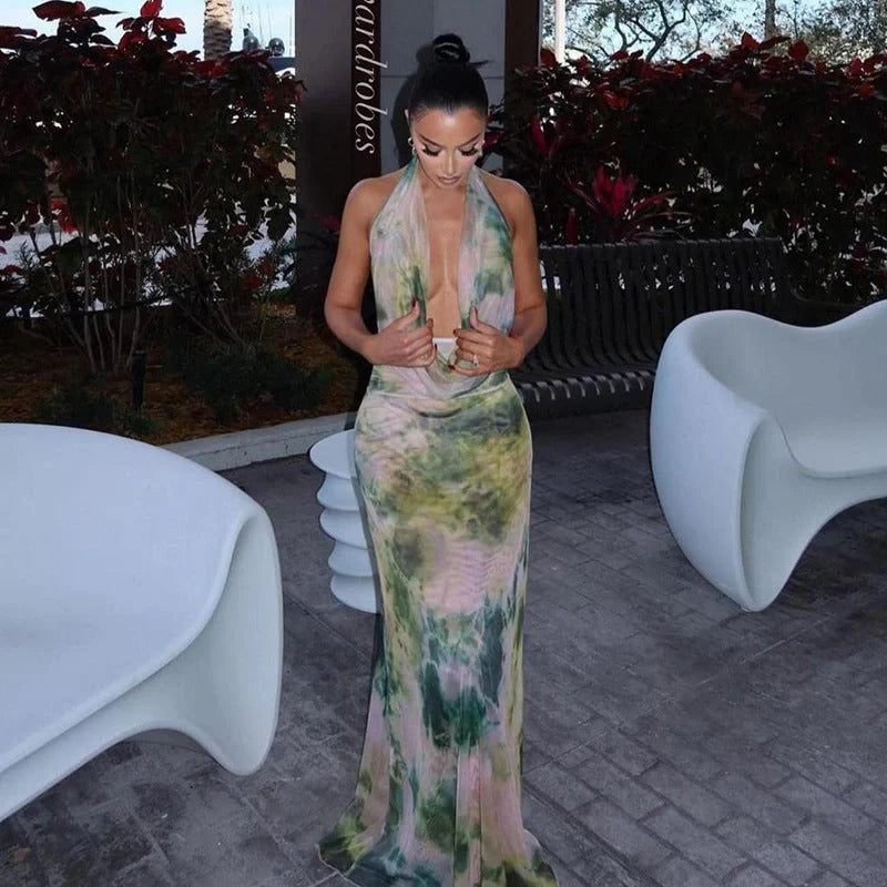 Tie Dye Printing Deep V-neck Halter Backless Long Dresses Set for Women in green and purple