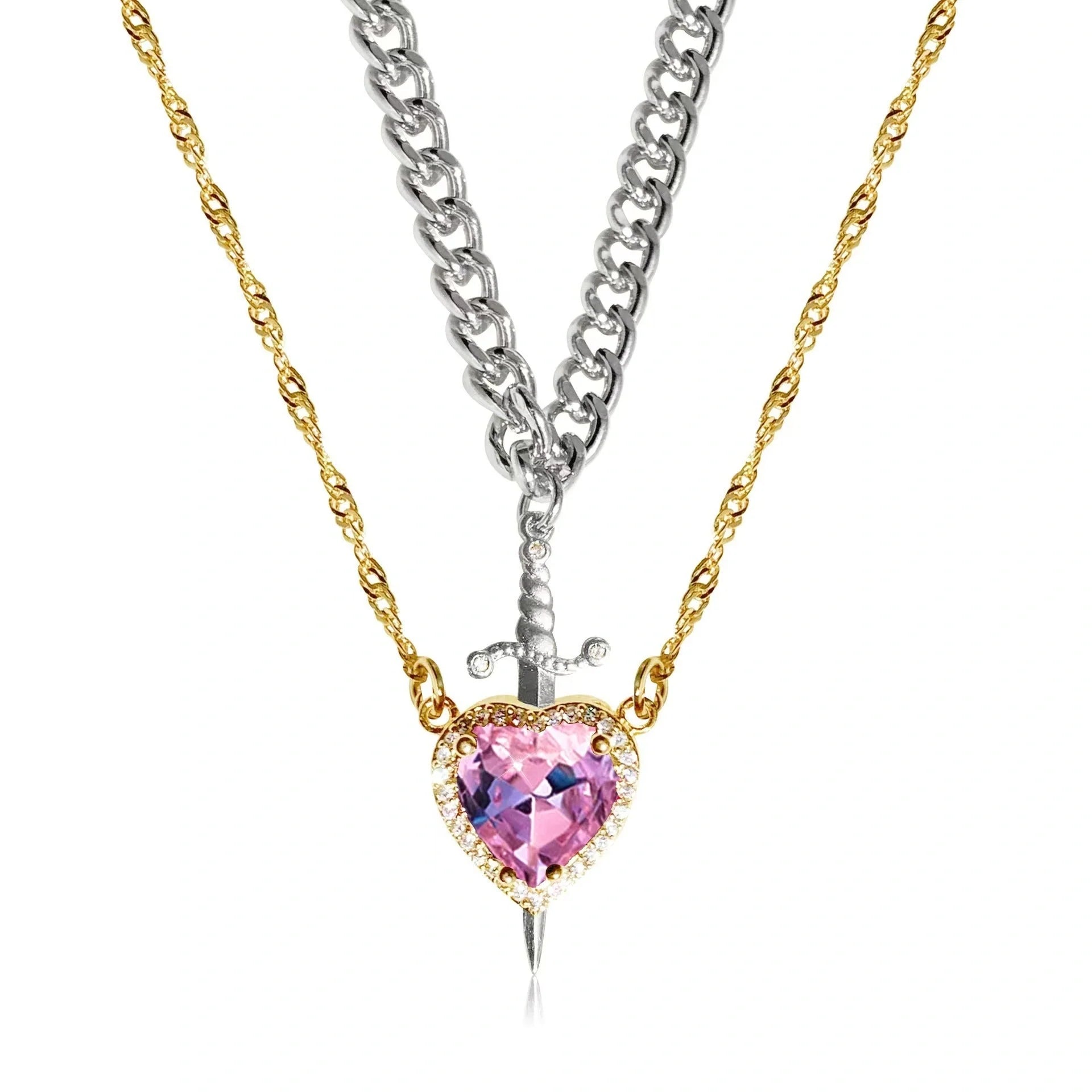 Exquisite Heart and Sword Couple Necklaces in gold and silver, symbolising love and protection