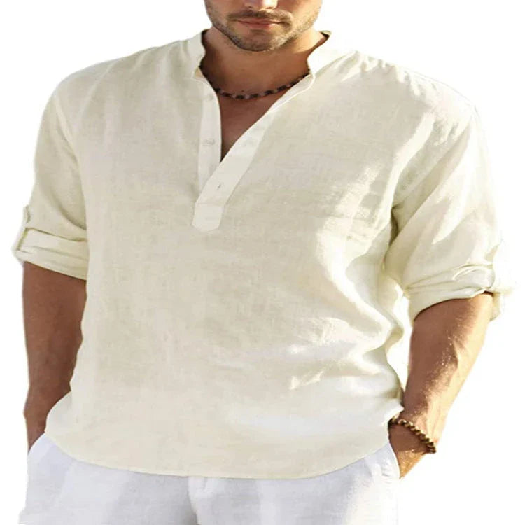 A stylish linen-blend men's casual shirt with a stand collar, button-down closure, and slim tailored fit