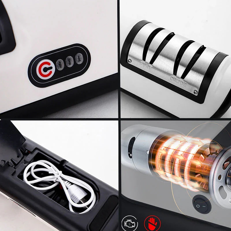 Premium electric knife sharpener with clear, soft-touch surface and precision grinding design for effortless blade sharpening