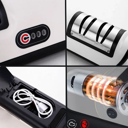 Premium electric knife sharpener with clear, soft-touch surface and precision grinding design for effortless blade sharpening