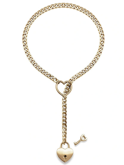 Adjustable Heart Slip Chain Necklace with Key Lock Charm in Black, Silver, and Gold Colours