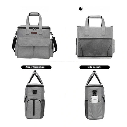 Grey dog travel backpack with removable divider and multiple carrying options