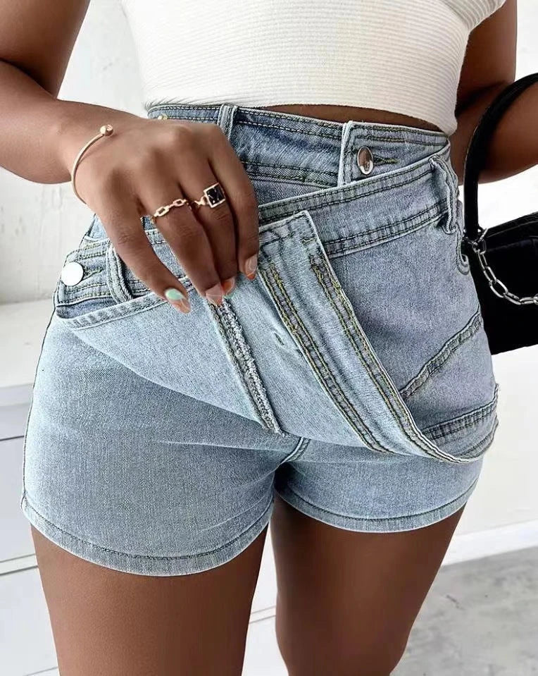 Stylish denim shorts with asymmetrical hem, available in multiple colors and sizes