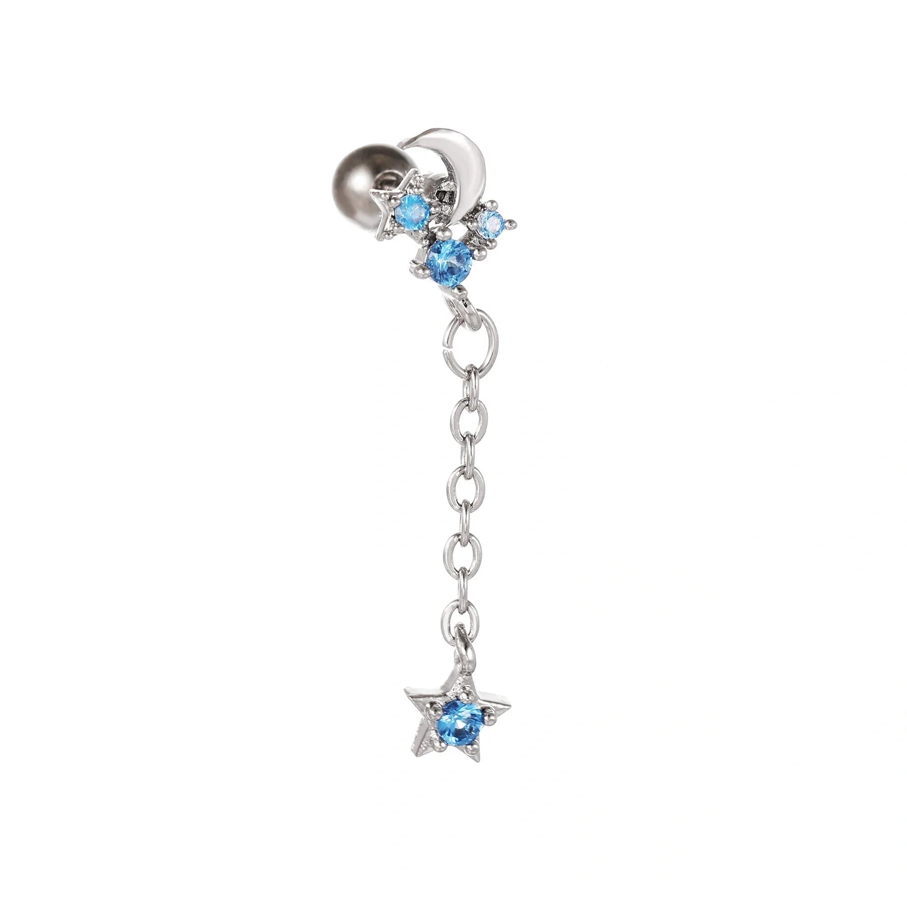 Star and Moon Cubic Zirconia Stainless Steel Cartilage Earring in gold and white K