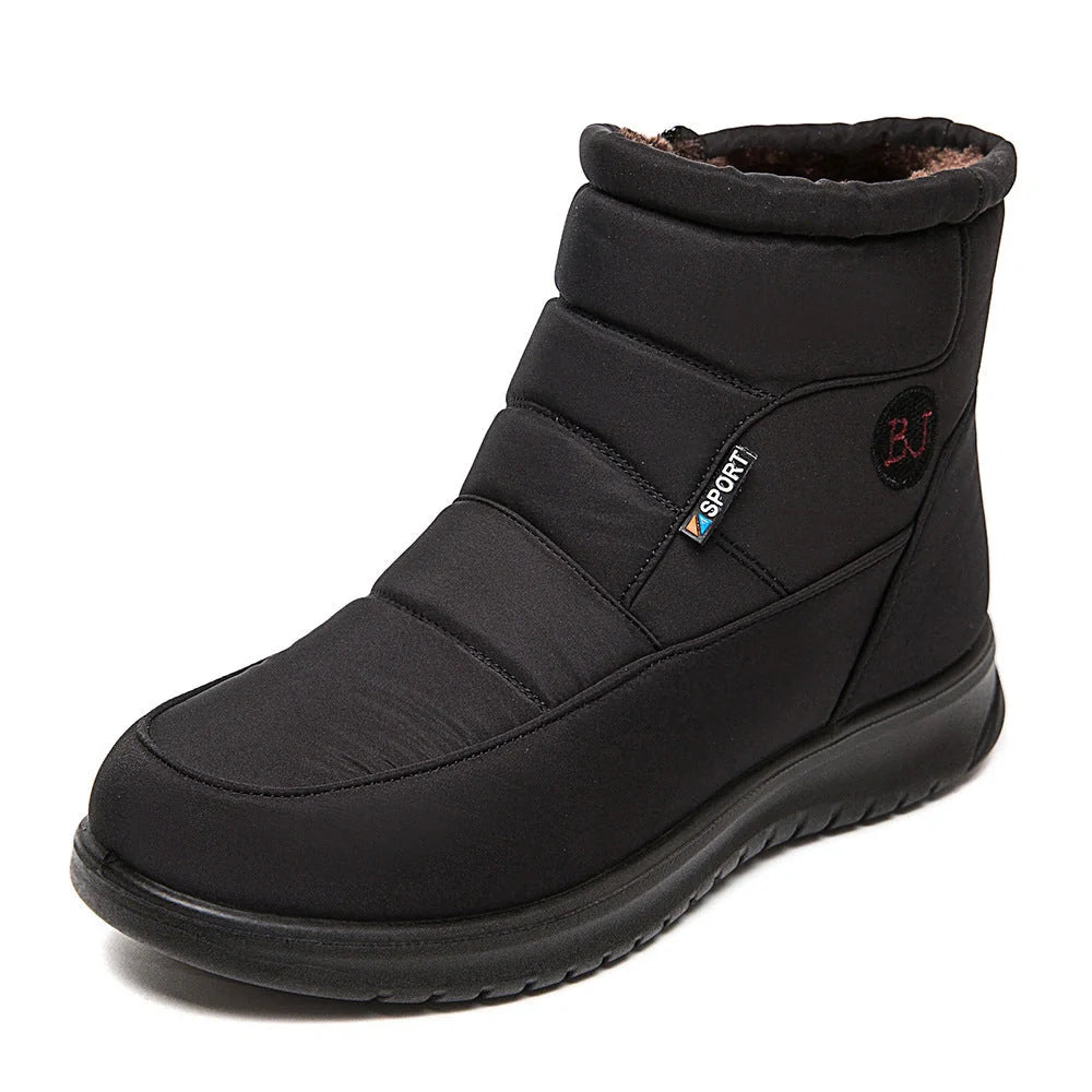 Women's waterproof snow boots in red, black, and brown with non-slip soles