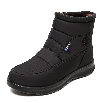 Women's waterproof snow boots in red, black, and brown with non-slip soles