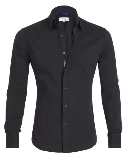 Long sleeve zip-up shirt with button and lapel details in a variety of colors
