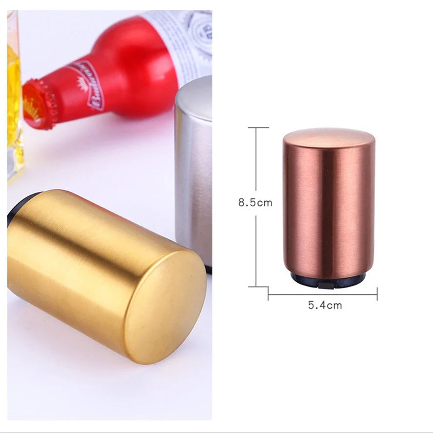 Portable magnetic automatic beer bottle opener in brushed stainless steel finish