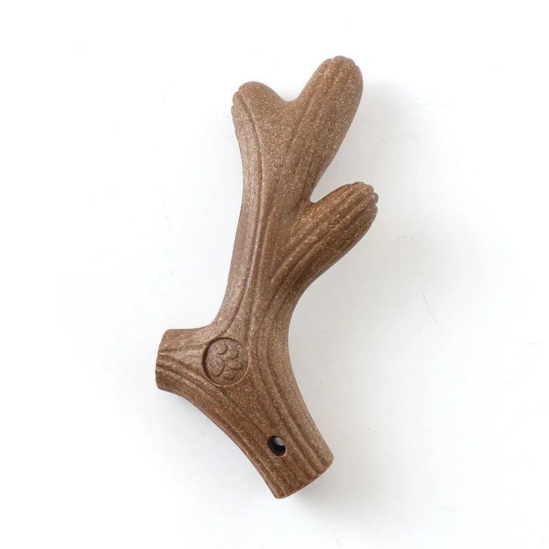 Small breed dog chew toy with dental cleaning features in antler design