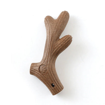 Small breed dog chew toy with dental cleaning features in antler design